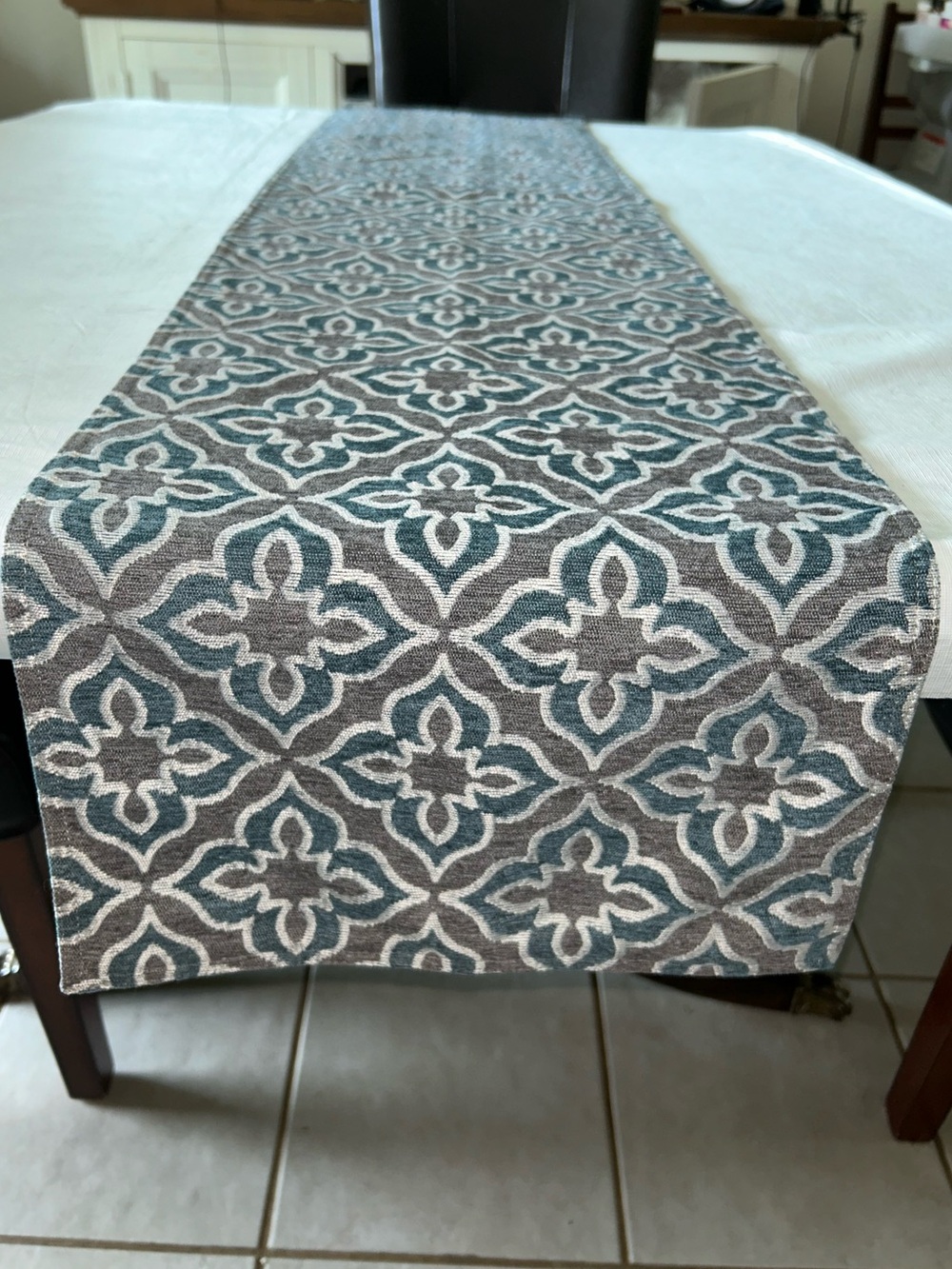 Table Runner. Teal and Gray Geometric Medallion. Lined. 13-1/2” x 70”. VGUC.